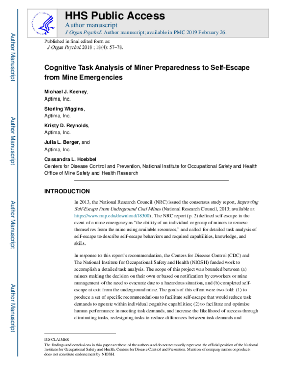 (PDF) Cognitive Task Analysis of Miner Preparedness to Self-Escape from ...