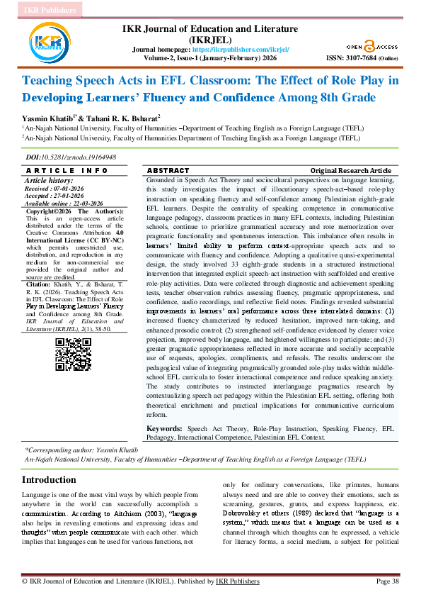 (PDF) Teaching Speech Acts in EFL Classroom: The Effect of Role Play in ...