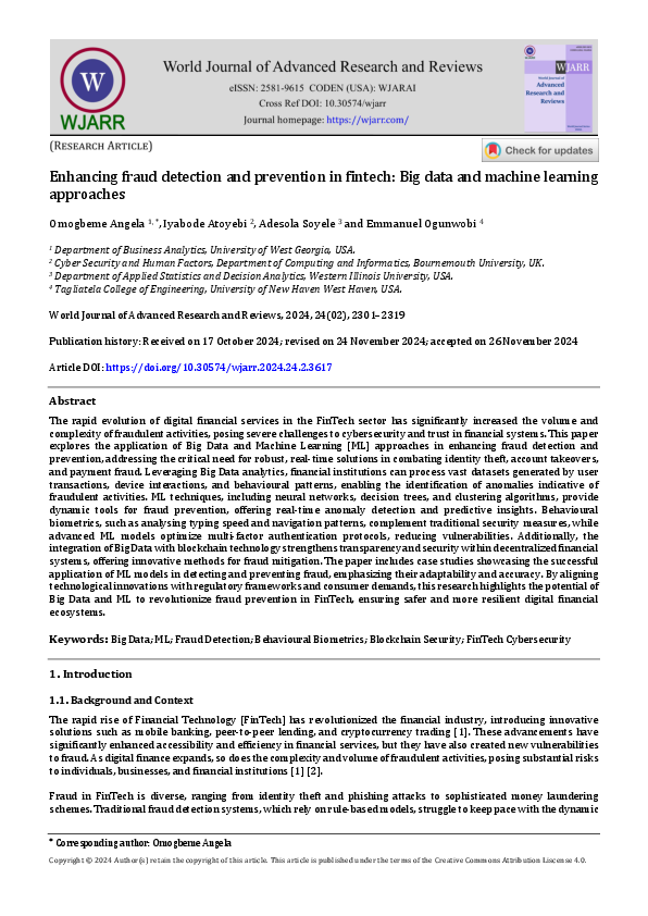(PDF) Enhancing fraud detection and prevention in fintech: Big data and ...