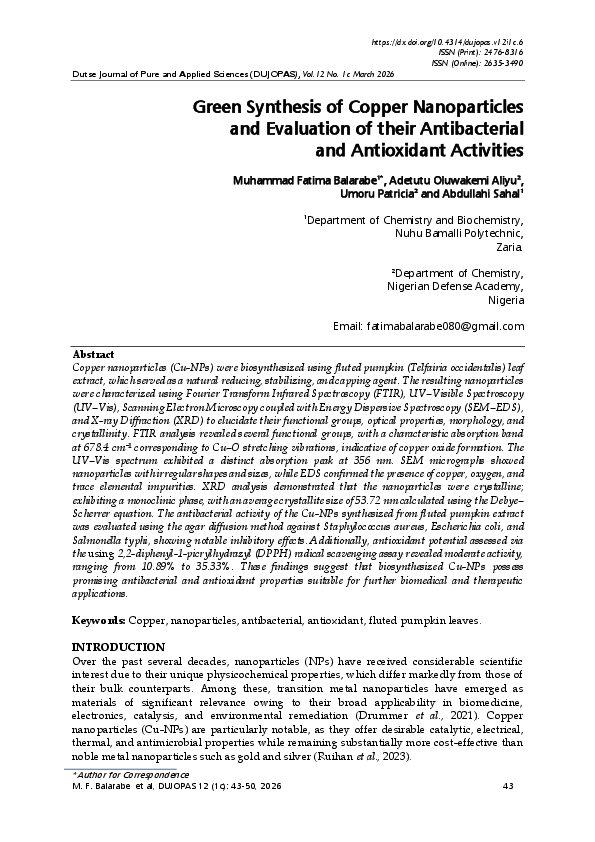 (PDF) Green Synthesis of Copper Nanoparticles and Evaluation of their ...