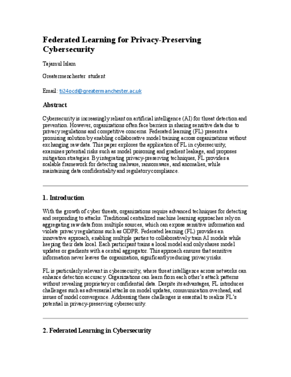 (PDF) Federated Learning for Privacy-Preserving Cybersecurity
