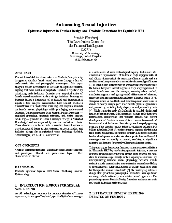 (PDF) Automating Sexual Injustice: Epistemic Injustice in Fembot Design ...