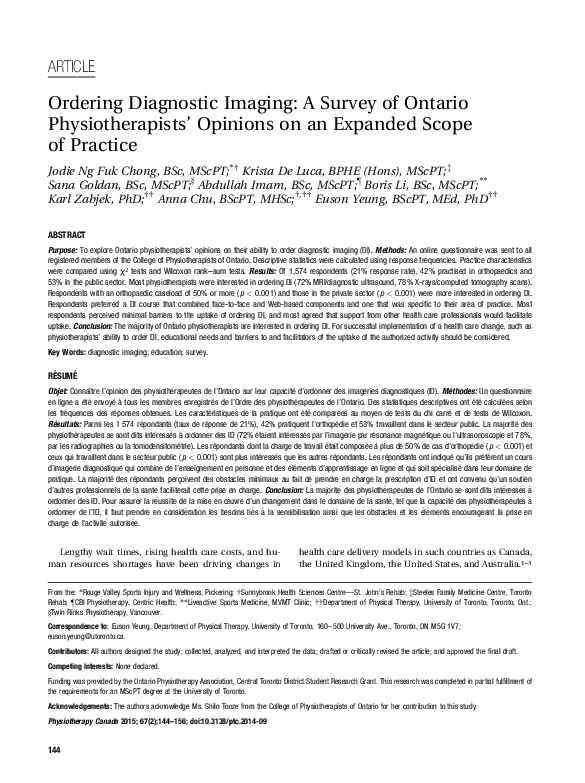 (PDF) Ordering Diagnostic Imaging: A Survey of Ontario Physiotherapists ...