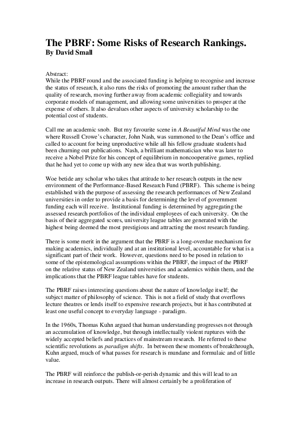 (PDF) The PBRF: Some Risks of Research Rankings