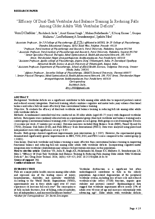 (PDF) Efficacy Of Dual-Task Vestibular And Balance Training In Reducing ...