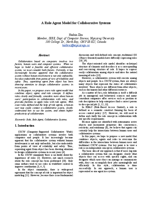 (PDF) A Role Agent Model for Collaborative Systems