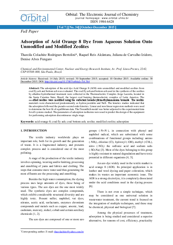 (PDF) Adsorption of Acid Orange 8 Dye from Aqueous Solution Onto ...