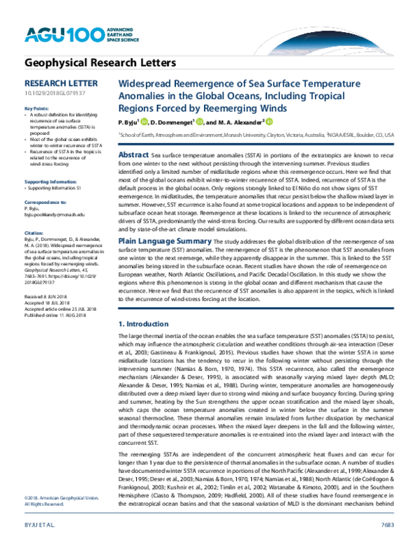 (PDF) Widespread Reemergence of Sea Surface Temperature Anomalies in ...