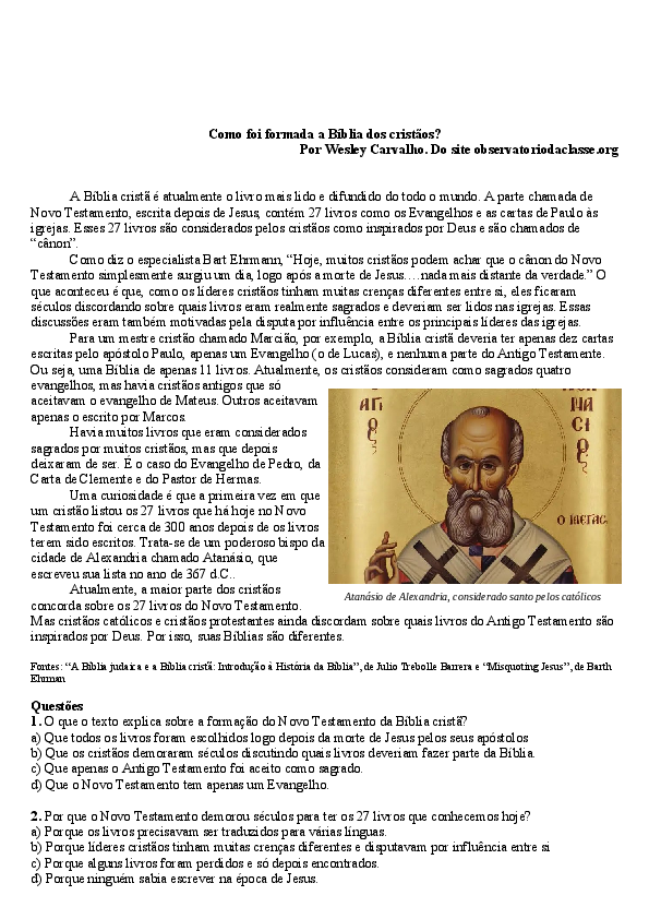 (PDF) Como foi formada a biblia dos cristãos? Material didático