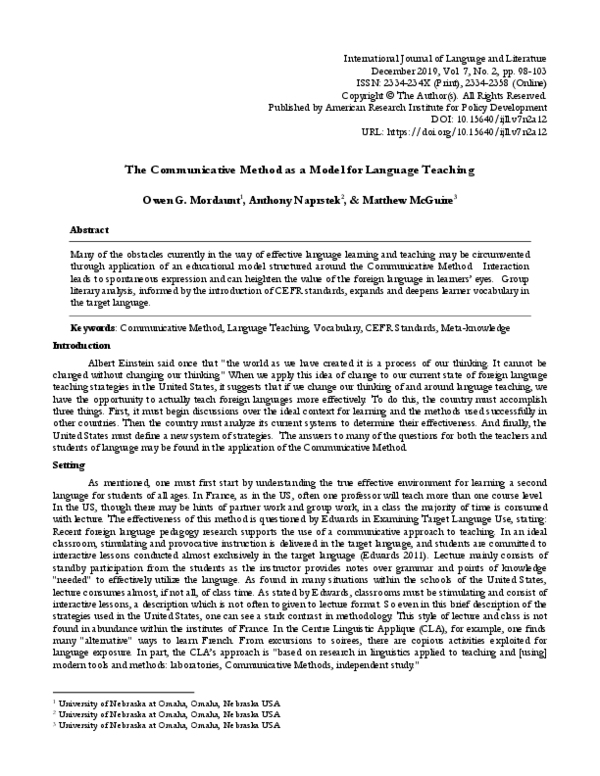 (PDF) The Communicative Method as a Model for Language Teaching