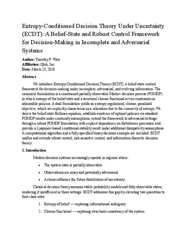 (PDF) Entropy-Conditioned Decision Theory Under Uncertainty (ECDT): A ...