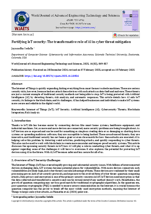 (PDF) Fortifying IoT security: The transformative role of AI in cyber ...