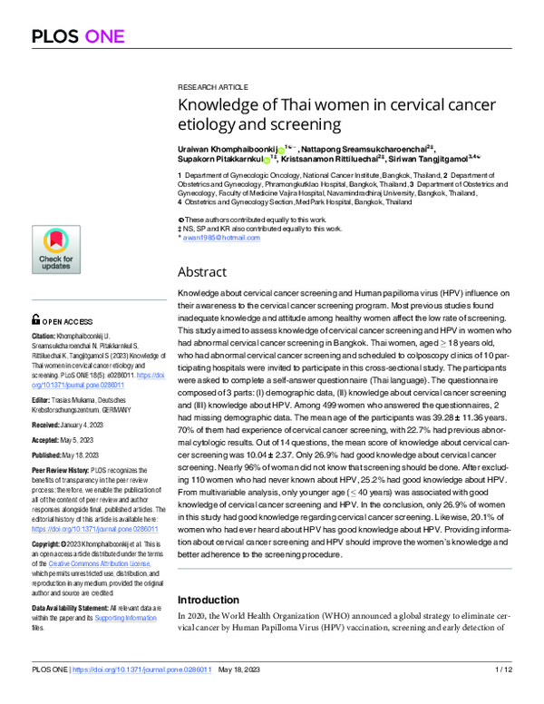 (PDF) Knowledge of Thai women in cervical cancer etiology and screening