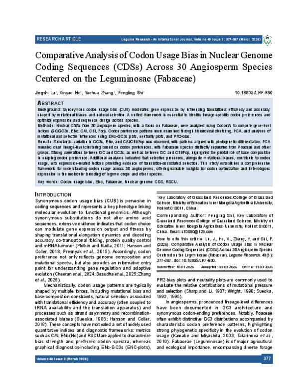 (PDF) Comparative Analysis of Codon Usage Bias in Nuclear Genome Coding ...