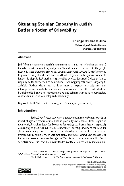 (PDF) Situating Steinian Empathy in Judith Butler's Notion of Grievability