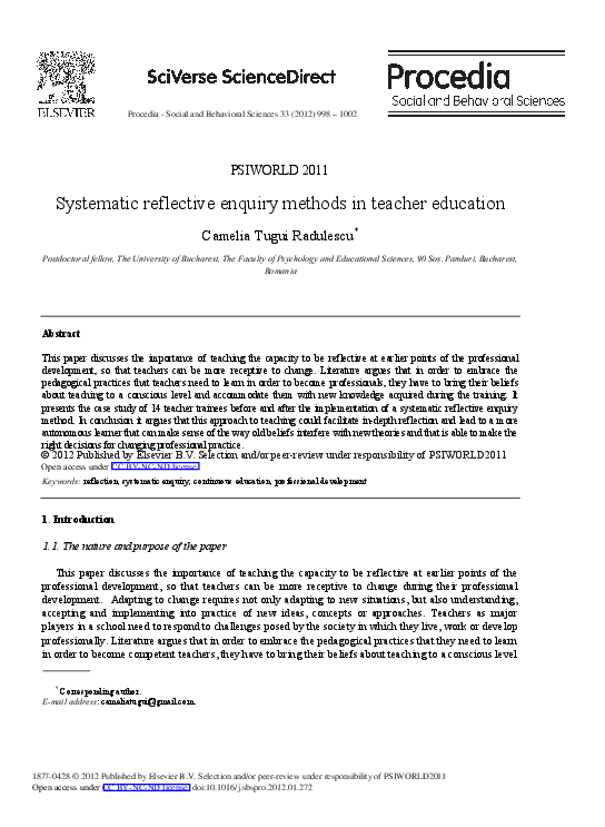 (PDF) Systematic reflective enquiry methods in teacher education