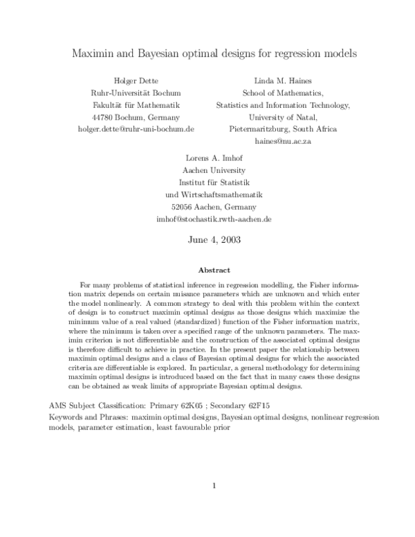 (PDF) Maximin and Bayesian Optimal Designs for Regression Models