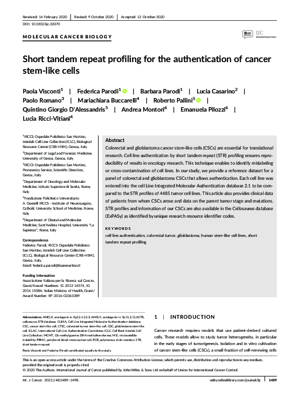 (PDF) STR profiling for the authentication.of cancer stem‐like cells