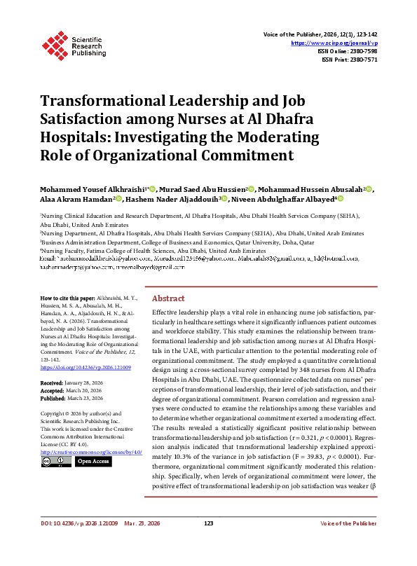 (PDF) Transformational Leadership and Job Satisfaction among Nurses at ...