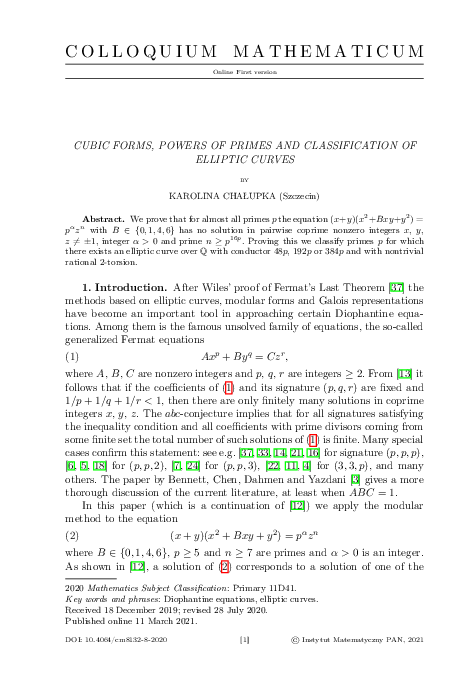(PDF) Cubic forms, powers of primes and classification of elliptic curves