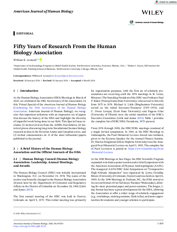 (PDF) Fifty Years of Research From the Human Biology Association