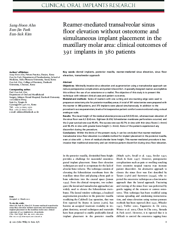(PDF) Reamer-mediated transalveolar sinus floor elevation without ...