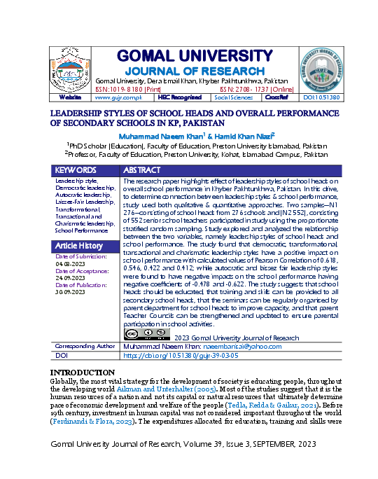 (PDF) Leadership Styles of School Heads and Overall Performance of ...