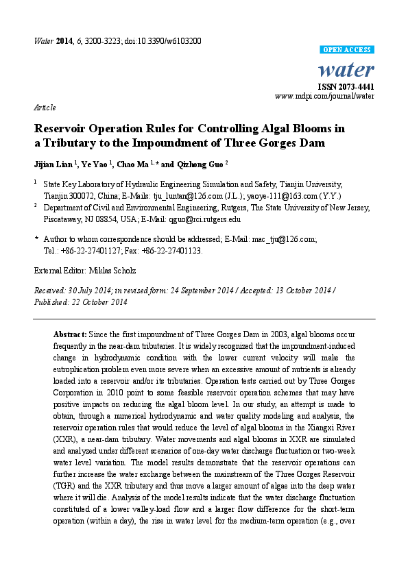 (PDF) Reservoir Operation Rules for Controlling Algal Blooms in a ...