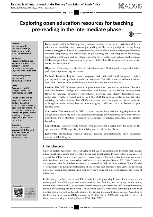(PDF) Exploring open education resources for teaching pre-reading in ...