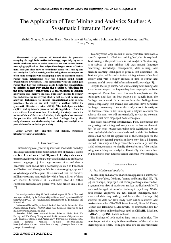 (PDF) The Application of Text Mining and Analytics Studies: A ...