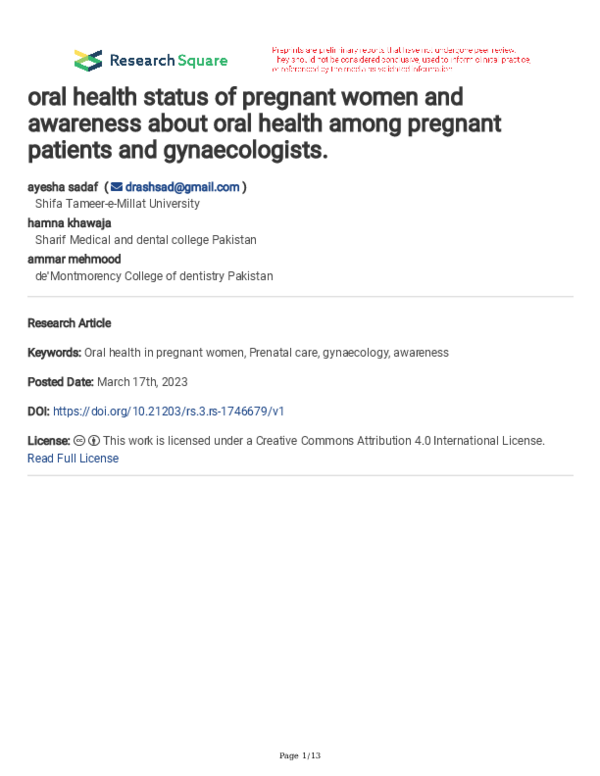 (PDF) Oral Health Status of Pregnant Women and Awareness About Oral ...