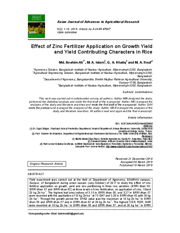 (PDF) Effect of Zinc Fertilizer Application on Growth Yield and Yield ...