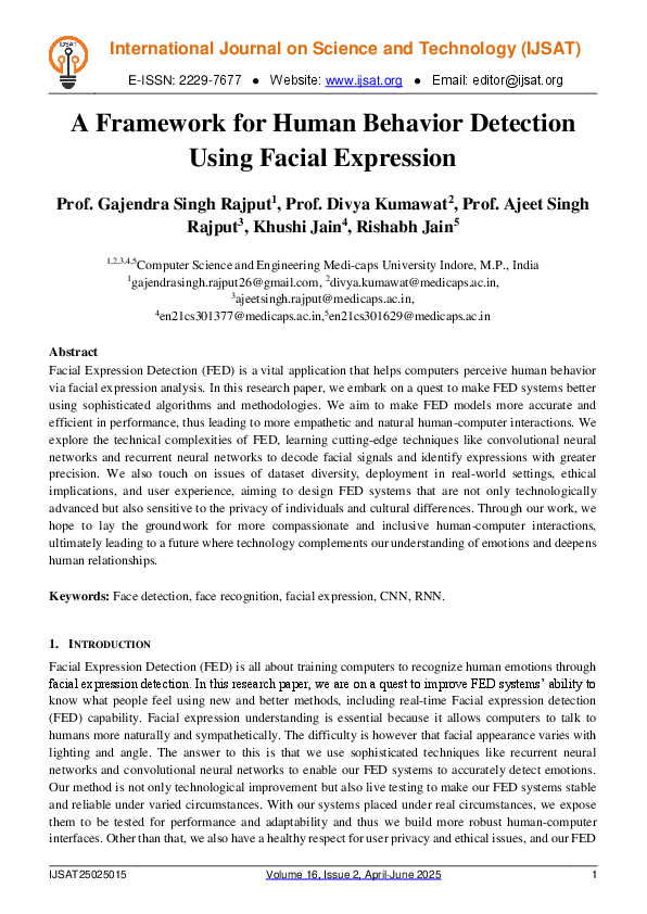 (PDF) A Framework for Human Behavior Detection Using Facial Expression
