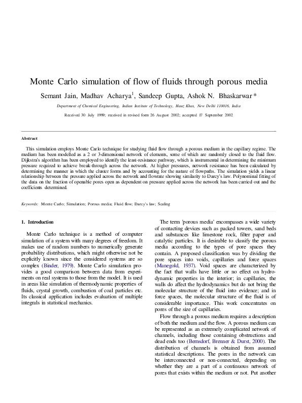 (PDF) Monte Carlo simulation of flow of fluids through porous media