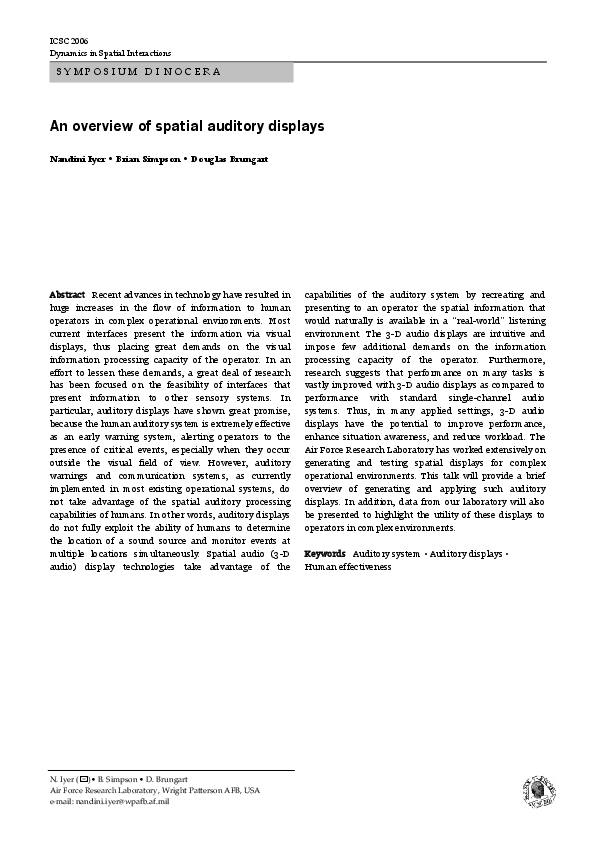 (PDF) An overview of spatial auditory displays