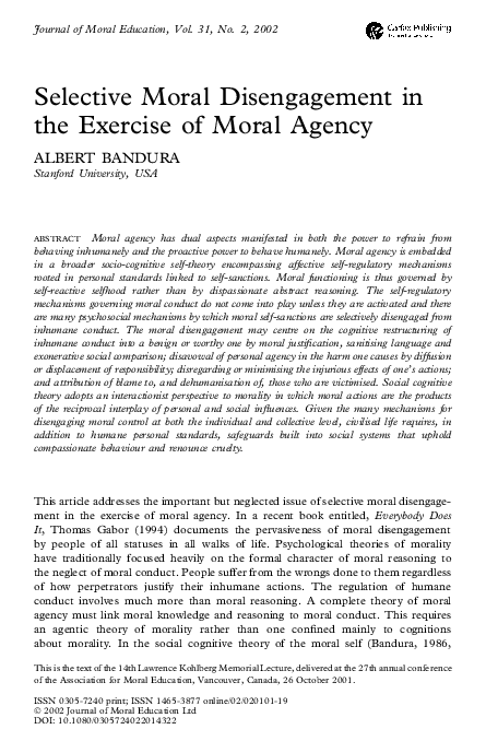 PDF) Mechanisms of moral disengagement in the exercise of moral agency