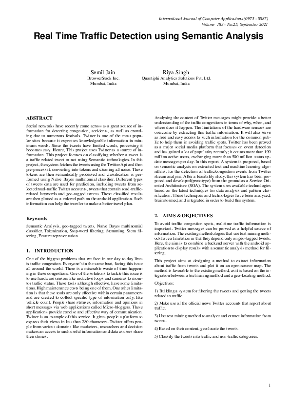 (PDF) Real Time Traffic Detection using Semantic Analysis