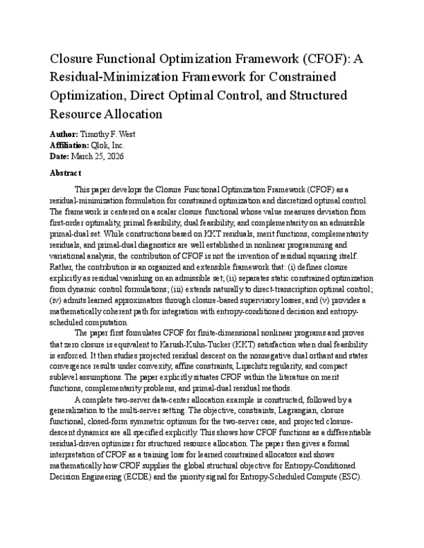 (PDF) Closure Functional Optimization Framework (CFOF): A Residual ...