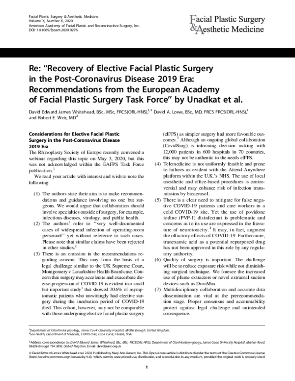 (PDF) Re: “Recovery of Elective Facial Plastic Surgery in the Post ...
