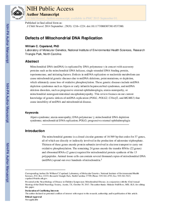 (PDF) Defects of Mitochondrial DNA Replication