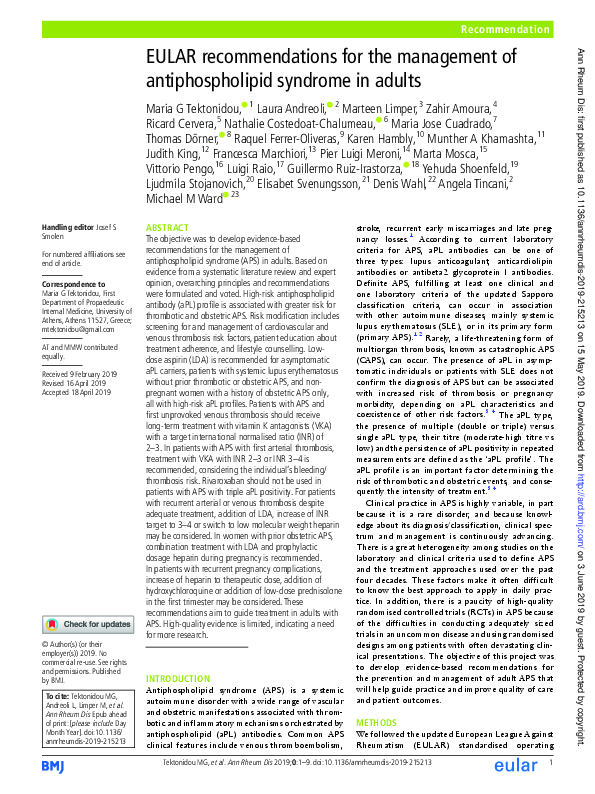 (PDF) EULAR recommendations for the management of antiphospholipid ...