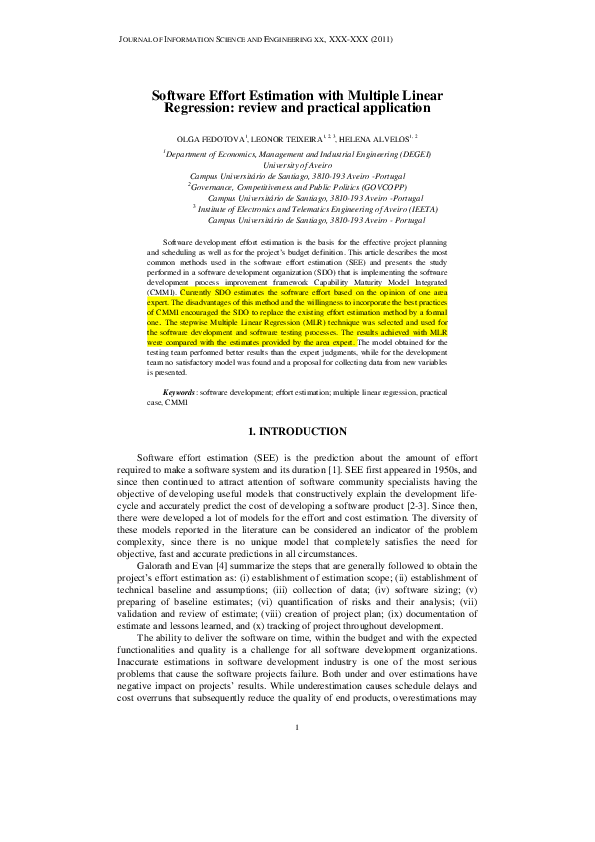 (PDF) Software effort estimation with multiple linear regression ...