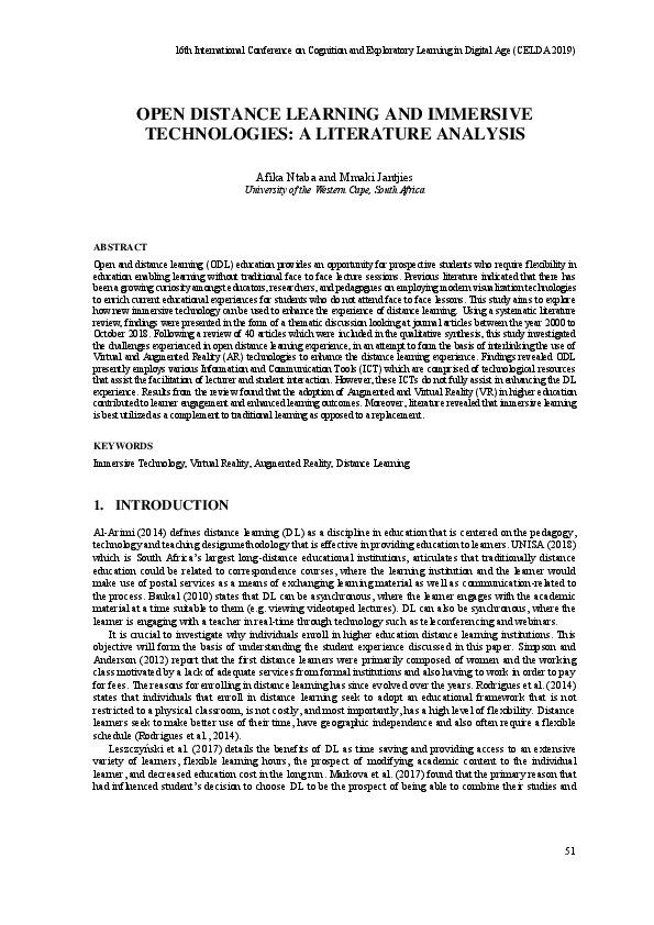 (PDF) Open Distance Learning and Immersive Technologies: A Literature ...