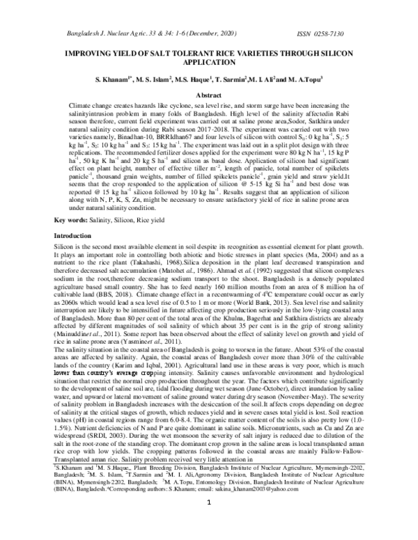 (PDF) IMPROVING YIELD OF SALT TOLERANT RICE VARIETIES THROUGH SILICON ...