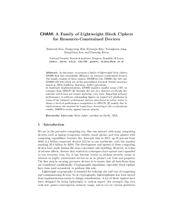 (PDF) CHAM: A Family of Lightweight Block Ciphers for Resource ...
