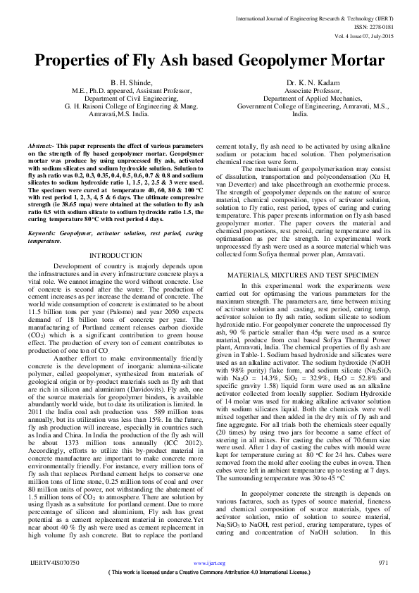 (PDF) Properties of Fly Ash based Geopolymer Mortar