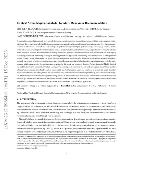 (PDF) Context-Aware Sequential Model for Multi-Behaviour Recommendation