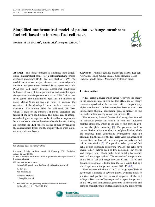 (PDF) Simplified mathematical model of proton exchange membrane fuel ...