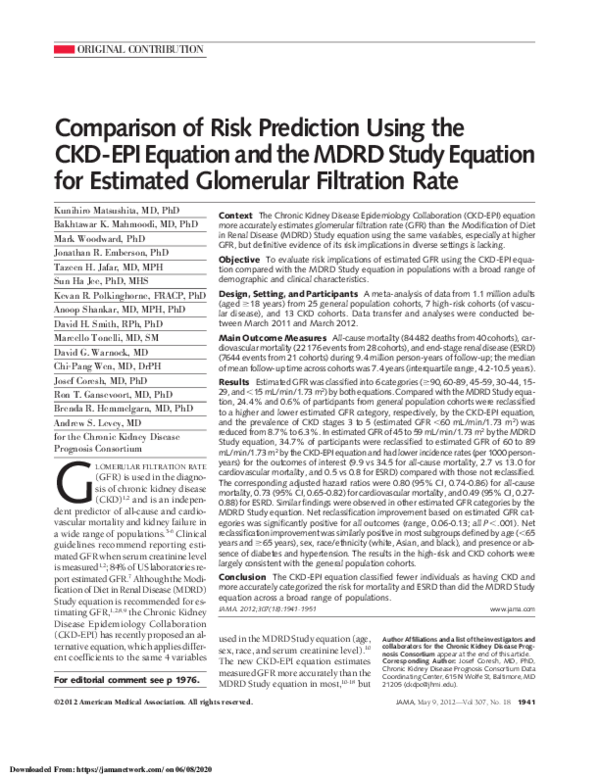 (PDF) Comparison of Risk Prediction Using the CKD-EPI Equation and the ...