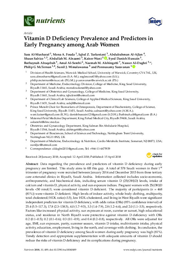 (PDF) Vitamin D Deficiency Prevalence and Predictors in Early Pregnancy ...